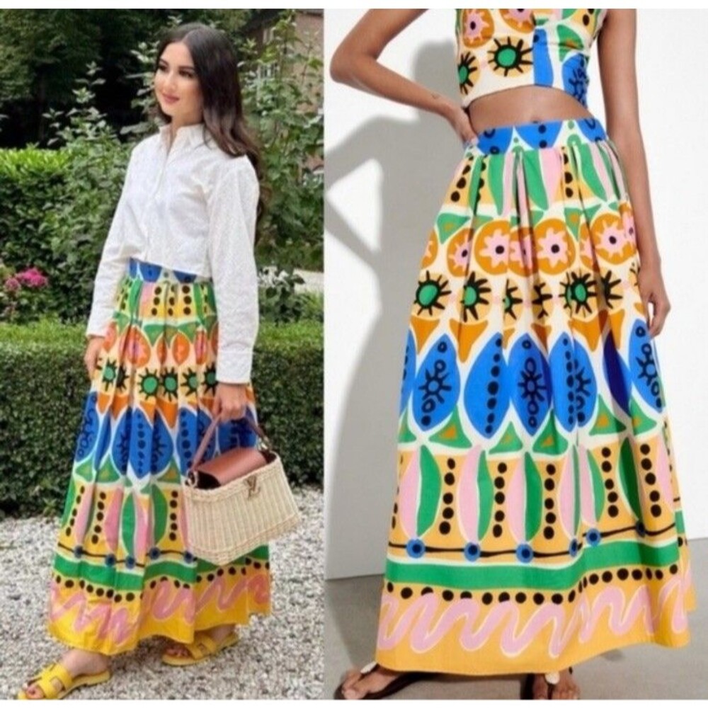 Zara M Maxi Skirt Batik Abstract African Colorful Rainbow Print Dopamine Dressin - Picture 2 of 7